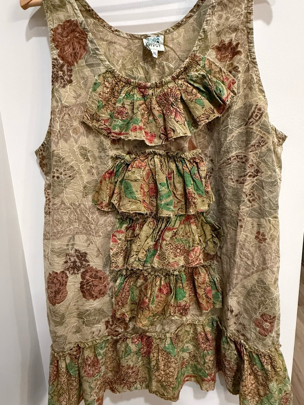Jaded Gypsy Ruffled Floral Tank in Taupe with Green & Rust Accents